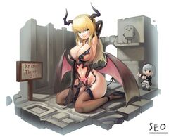  2girls armpits artist_name audrey_dreamweaver black_legwear blonde_hair blush breasts chibi crossover demon_horns demon_wings english_text full_body future_knight gm_orangeade green_hair grey_hair guardian_tales high_heels highres horns korean_commentary large_breasts last_origin long_hair looking_at_viewer mini_person minigirl multiple_girls open_mouth seo_(tqhgud016) short_hair smile thighhighs white_background wings 