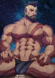  1boy abs bara beard black_male_underwear brown_hair bulge chest_hair collarbone dark-skinned_male dark_skin facial_hair hands_on_own_hips highres large_pectorals league_of_legends looking_at_viewer male_focus male_underwear masa_yawara_(yellow) mature_male mohawk moustache muscular muscular_male navel navel_hair nipples o-ring o-ring_bottom paid_reward_available pantheon_(league_of_legends) pectorals scar scar_on_chest short_hair sky solo spread_legs star_(sky) starry_background starry_sky stomach thick_thighs thighs tied_beard topless_male underwear underwear_only 