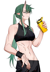  absurdres alternate_costume arknights bare_arms bare_shoulders black_sports_bra breasts commentary_request crop_top female green_eyes green_hair hand_up highres holding horns hoshiguma_(arknights) large_breasts long_hair looking_at_viewer midriff molu_stranger muscular muscular_female navel ponytail scar scar_on_cheek scar_on_face sidelocks simple_background single_horn smile solo sports_bra stomach upper_body very_long_hair white_background wristband 