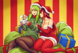  2girls absurdres borrowed_character breasts christmas christmas_present christmas_sweater clothes_around_waist dress elf erkaz gift green_sweater highres jewelry karinka_katyusha_(erkaz) large_breasts lily_(lele_hitam1) multiple_girls necklace original pantyhose pointy_ears red_eyes red_legwear red_lips ring sack santa_dress snow_globe sweater sweater_around_waist thighhighs thighs wedding_ring wife_and_wife yellow_eyes yuri 