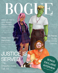  alternative_fashion bangs beard blonde_hair braided_beard braided_hair brown_hair clothed clothing cover drawfee_(copyright) drawtectives english_text facial_hair female fully_clothed green_body green_skin grendan_highforge group gyorik_rogdul hair hi_res human humanoid humanoid_pointy_ears jewelry magazine_cover male mammal necklace orc petroplant pink_hair punk rose_(drawtectives) sharp_teeth teeth text trio underbite 