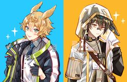  2boys animal_ears arknights artist_name ayerscarpe_(arknights) bishounen blonde_hair brown_hair choker coll_(erichankun) green_eyes highres id_card jacket leonhardt_(arknights) male_focus multiple_boys necktie orange_eyes rabbit_boy rabbit_ears simple_background smile sparkle suspenders upper_body 