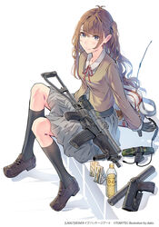  black_gloves blush bottle brown_eyes brown_hair daito female food gloves gun handgun highres kashiwagi_tomoko little_armory long_hair looking_at_viewer makarov_pm one_side_up pleated_skirt rifle sandwich school_uniform sitting skirt solo sr-3mp suppressor weapon 