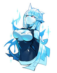  baniran_dorosu black_sclera blue_hair blue_skin blunt_bangs breasts cleavage cleavage_cutout clothing_cutout colored_sclera colored_skin female horns leaning_back long_hair looking_at_viewer medium_breasts original parted_lips pink_eyes shoulder_cutout snow_(baniran_dorosu) solo sparkle upper_body very_long_hair white_background 