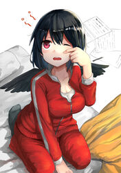  absurdres alternate_costume black_wings breasts cleavage collarbone commentary_request feathered_wings female highres isemori jacket medium_breasts one_eye_closed open_mouth pants red_eyes red_jacket red_pants shameimaru_aya shirt short_hair simple_background solo touhou track_jacket track_pants track_suit white_shirt wings zipper 