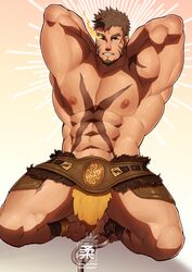  1boy abs absurdres armpits arms_behind_head bara belt brown_belt brown_eyes brown_hair bulge dark-skinned_male dark_skin facial_hair flaming_eye full_body goatee heracles_(housamo) highres kneeling large_pectorals leather loincloth long_sideburns looking_at_viewer male_focus masa_yawara_(yellow) muscular muscular_male navel nipples paid_reward_available pectorals scar scar_on_chest short_hair sideburns solo stomach thick_thighs thighs tokyo_afterschool_summoners topless_male 