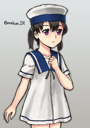  black_hair blue_collar collar cowboy_shot dress female gradient_background grey_background hand_on_own_chest hat kantai_collection maakun_(makun_dx) one-hour_drawing_challenge purple_eyes sailor_dress sailor_hat short_hair short_sleeves shounan_(kancolle) solo standing twintails twitter_username white_dress white_hat white_legwear 