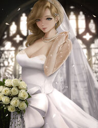  azur_lane blonde_hair blue_eyes blue_gemstone blurry blurry_background bouquet breasts bridal_gauntlets bridal_veil bride cleavage dress earrings female flower gem hair_over_shoulder highres holding holding_bouquet hood_(azur_lane) hood_(rosey_love_poem)_(azur_lane) indoors jewelry large_breasts long_hair looking_at_viewer necklace official_alternate_costume pearl_necklace rose see-through signature solo veil wedding wedding_dress wei_(promise_0820) white_flower white_rose 