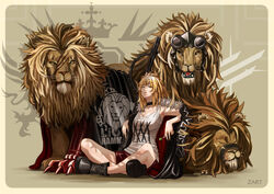  afureru_colors animal_ears arknights armpits artist_name bare_legs black_choker black_footwear black_jacket black_nails blonde_hair boots breasts candy choker cleavage commentary cross-laced_footwear crossed_legs english_commentary female food full_body fur-trimmed_jacket fur_trim hammer indian_style jacket large_breasts lion lion_ears lips lollipop long_hair looking_at_viewer nail_polish parted_lips ponytail red_shorts short_shorts shorts siege_(arknights) sitting sledgehammer sleeveless solo studded_choker tank_top white_tank_top yellow_eyes 