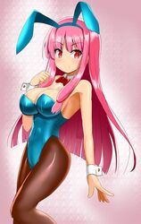  animal_ears blue_leotard bow bowtie breasts brown_pantyhose cleavage cowboy_shot detached_collar female honda_takaharu kotonoha_akane large_breasts leotard long_hair pantyhose pink_hair playboy_bunny rabbit_ears red_bow red_bowtie red_eyes sidelocks solo standing strapless strapless_leotard synthesizer_v voiceroid wrist_cuffs 