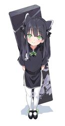  absurdres animal_ears arms_behind_back bag blue_archive chinese_clothes commentary dorontabi female full_body green_eyes highres long_hair looking_at_viewer shoes shun_(blue_archive) smile solo thighhighs white_background white_legwear younger 