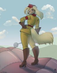  2022 aircraft anthro ass avencri black_nose blonde_hair boots butt_pose canid canine canis claws clothed clothing cuphead_(game) digital_media_(artwork) domestic_dog female finger_claws fingerless_gloves fingers footwear fur gloves hair hand_on_hip hand_on_own_hip handwear hat headgear headwear hi_res high_heeled_boots high_heels humanoid_hands hunting_dog looking_at_viewer looking_back looking_back_at_viewer mammal military_cap military_uniform outside pose rear_view saluki sgt._o&#039;fera_(cuphead) sighthound signature smile solo standing tan_body tan_fur uniform vehicle 