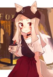  alternate_costume animal_ear_fluff animal_ears bag baseball_cap bubble_tea choker cowboy_shot eyes_visible_through_hair facial_mark female fox_ears fox_girl fox_tail hat jewelry long_hair looking_at_viewer official_art outdoors red_eyes ribbon rimukoro sewayaki_kitsune_no_senko-san shiro_(sewayaki_kitsune_no_senko-san) shirt short_eyebrows shoulder_bag skirt solo t-shirt tail thick_eyebrows whisker_markings white_hair 