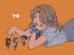  &gt;o&lt; 4girls asakura_toru blush_stickers bow brown_hair chibi closed_eyes fukumaru_koito hairbow head_rest highres higuchi_madoka ichikawa_hinana idolmaster idolmaster_shiny_colors lying mini_person minigirl multiple_girls nail_polish niyororinpayamaru noctchill_(idolmaster) on_stomach orange_background parted_bangs plaid plaid_skirt pleated_skirt school_uniform scrunchie short_sleeves skirt sweatdrop wrist_scrunchie |_| 