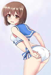  ass bare_arms bare_shoulders bikini blue_background blue_sailor_collar blush bow breasts brown_eyes brown_hair commentary_request female from_behind hagiwara_yukiho hair_between_eyes highres idolmaster idolmaster_(classic) leaning_forward looking_at_viewer looking_back momoda_yasuhito open_mouth sailor_bikini sailor_collar sailor_swimsuit_(idolmaster) short_hair small_breasts solo striped striped_bow swimsuit white_bikini 