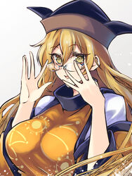  black_hat blonde_hair breasts brown_hat constellation constellation_print female glasses hat kurokan_(kokkyou_oudan) large_breasts long_hair looking_at_viewer matara_okina open_mouth orange_sleeves simple_background smile solo sun_symbol tabard touhou upper_body white_background wide_sleeves yellow_eyes 