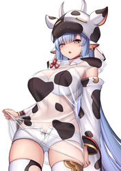  animal_costume animal_ears animal_print armpit_crease bikini black_bikini blue_hair bra breasts catura_(granblue_fantasy) cleavage collarbone cow_costume cow_ears cow_girl cow_horns cow_print cowboy_shot detached_collar detached_sleeves draph earrings female gold_trim granblue_fantasy highleg highleg_bikini highres hood hood_down horns jewelry large_breasts long_hair long_sleeves looking_at_viewer micro_shorts open_fly purple_eyes revealing_clothes see-through shorts sidelocks simple_background solo string_bikini swimsuit thick_eyebrows thighhighs thighs underwear very_long_hair white_background white_bra white_shorts white_thighhighs ym_(distance819) 