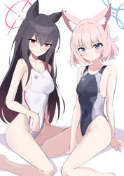  2girls absurdres animal_ears black_hair black_one-piece_swimsuit blonde_hair blue_archive blue_eyes breasts competition_swimsuit feet_out_of_frame fox_ears halo highleg highleg_swimsuit highres long_hair looking_at_viewer mochini multiple_girls niko_(blue_archive) one-piece_swimsuit red_eyes short_hair simple_background sitting small_breasts swimsuit two-tone_swimsuit wariza white_background white_one-piece_swimsuit yukino_(blue_archive) 