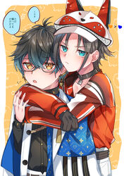  2boys :o animal_ears animal_hat aqua_eyes belt black_shirt blue_hair brown_hair closed_mouth collar earrings glasses grey_hair hat ike_eveland jacket jewelry kokuchuutei male_focus multicolored_hair multiple_boys mysta_rias nijisanji nijisanji_en open_mouth pants red_shirt shirt short_hair translation_request virtual_youtuber white_pants yellow_eyes 