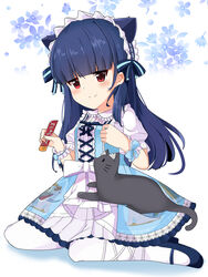  absurdres animal animal_ears bad_id bad_pixiv_id black_cat black_hair blue_bow blue_dress blue_flower blue_footwear blush bow cat_ears closed_mouth collared_shirt commentary_request dress fake_animal_ears feline female flower frilled_shirt_collar frills high_heels highres holding idolmaster idolmaster_cinderella_girls lolita_fashion long_hair nekoyanagi_(azelsynn) pantyhose pero_(idolmaster_cinderella_girls) puffy_short_sleeves puffy_sleeves red_eyes sajo_yukimi shirt shoes short_sleeves sitting sleeveless sleeveless_dress smile solo sweet_lolita very_long_hair wariza white_background white_pantyhose white_shirt 