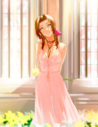  absurdres aerith_gainsborough arms_behind_back blurry blurry_background bolo_tie bow brown_hair dress female final_fantasy final_fantasy_vii final_fantasy_vii_remake flower green_eyes head_tilt highres laio long_dress pink_bow pink_dress sleeveless sleeveless_dress smile solo standing 