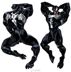  1boy arms_behind_head ass bara commentary full_body highres horikwawataru long_tongue male_focus marvel monster_boy multiple_views muscular muscular_male sharp_teeth slime_boy spider-man_(series) spider_web_print spread_legs symbiote symbol-only_commentary teeth tongue venom_(marvel) very_long_tongue 