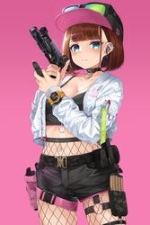  baseball_cap brown_hair choker cowboy_shot crop_top ear_piercing enpera_(jdud8375) eyewear_on_head female fishnet_pantyhose fishnets glock gun handgun hat high-waist_pantyhose highres holding holding_gun holding_weapon holster jacket magazine_(weapon) md5_mismatch navel original pantyhose piercing pink_background pink_nails resolution_mismatch short_hair short_shorts shorts solo source_larger thigh_strap watch weapon 