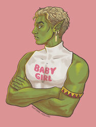  3:4 armband blonde_hair clothed clothing colored_nails crossed_arms drawfee_(copyright) drawtectives ear_piercing english_text femboy green_body green_skin gyorik_rogdul hair hi_res humanoid humanoid_pointy_ears male muscular muscular_humanoid nails nightmare-creatures-art orc piercing sharp_teeth shirt solo teeth text topwear tusks underbite 