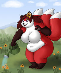  5:6 anthro bigladydragon breasts canid canine featureless_breasts female fox hair mammal multi_tail overweight overweight_anthro overweight_female solo tail watering_can 