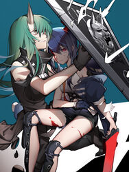  2girls aniao_ya arknights arm_around_shoulder armband armor black_footwear black_gloves black_pants black_shirt black_shorts blood blood_on_face blue_background blue_gloves blue_hair blue_jacket boots breastplate breasts ch&#039;en_(arknights) chinese_commentary clenched_teeth closed_mouth collared_shirt commentary_request dragon_horns dragon_tail fingerless_gloves gloves green_hair hannya_(arknights) highres horns hoshiguma_(arknights) hug injury jacket knee_boots lips long_hair medium_breasts multiple_girls off_shoulder one_eye_closed pants partial_commentary protecting red_eyes shield shirt short_shorts shorts simple_background single_glove single_horn sitting skin-covered_horns sleeveless sleeveless_shirt straight_hair sword tail teeth thighs torn_clothes torn_shorts turtleneck twintails weapon white_shirt yellow_eyes 