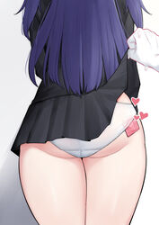  absurdres ass ass_focus black_skirt blue_archive clothes_lift commentary condom condom_in_clothes condom_wrapper female from_behind heart highres lifting_another&#039;s_clothes long_hair miniskirt panties pleated_skirt purple_hair samyukgoo369 skirt skirt_lift solo_focus thighs two_side_up underwear white_panties yuuka_(blue_archive) 