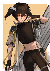  1boy abs animal_ears arknights ayerscarpe_(arknights) bandaid bandaid_on_face bishounen black_legwear brown_hair cowboy_shot crop_top edamame fingerless_gloves gloves highres kizuku_vii male_focus midriff navel orange_eyes see-through shirt short_hair simple_background solo 