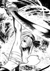  armpits bob_cut breasts chest_sarashi commentary_request dutch_angle female ghost greyscale hairband highres holding holding_sword holding_weapon katana konpaku_youmu konpaku_youmu_(ghost) midriff monochrome no_shirt one_eye_covered sarashi sen_(daydream_53) short_hair skirt small_breasts solo sword touhou wakizashi weapon 