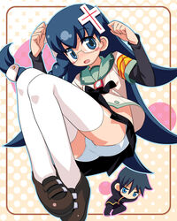  1boy abe_maria arms_behind_head black_hair black_ribbon black_skirt black_undershirt blue_eyes blue_hair blush blush_stickers braid chibi chibi_inset commentary cross_hair_ornament doki_doki_majo_shinpan female gakuran glasses gold_trim green_sailor_collar green_trim hair_ornament hands_up hiro_hiroki loafers looking_at_viewer miniskirt nishimura_akuji open_mouth panties polka_dot polka_dot_background ribbon sailor_collar school_uniform shoes side_braid skirt thighhighs underwear white_panties white_thighhighs 