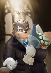  absurd_res anthro bouquet bow_tie canid canine canis clothing crown domestic_dog eyebrows fur gloves grey_body grey_fur handwear headgear hechaxianzhi hi_res lifewonders looking_at_viewer male mammal moritaka_(tas) one_eye_closed scar smile solo suit thick_eyebrows tokyo_afterschool_summoners wink 