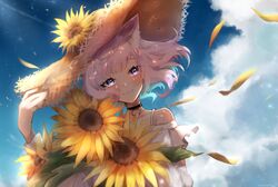  absurdres alternate_costume animal_ears cat_ears cloud collar female flower hat hat_flower highres hololive mashiro_io nekomata_okayu outdoors purple_eyes purple_hair smile straw_hat sunflower virtual_youtuber wind yellow_flower 