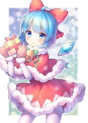  ahoge bell blue_eyes blue_hair blue_wings blurry blurry_background blush bow box brown_mittens capelet christmas cirno closed_mouth coa_(chroo_x) commentary_request depth_of_field detached_wings dress female fur-trimmed_capelet fur-trimmed_dress fur-trimmed_mittens fur_trim gift gift_box green_bow hairbow holding holding_gift ice ice_wings long_sleeves looking_at_viewer mittens pantyhose red_bow red_capelet red_dress santa_dress smile solo standing touhou white_pantyhose wings 