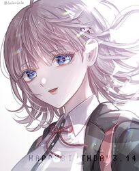  alternate_eye_color backpack bag black_jacket black_shirt blue_eyes collared_shirt danganronpa_(series) danganronpa_2:_goodbye_despair dated dress_shirt female flipped_hair galaga hair_ornament happy_birthday jacket looking_at_viewer medium_hair nanami_chiaki open_clothes open_jacket red_ribbon ribbon shirt smile solo upper_body white_shirt z-epto_(chat-noir86) 