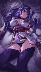  arm_up blurry blush braid breasts bridal_gauntlets female genshin_impact highres japanese_clothes kimono large_breasts long_hair low-braided_long_hair low-tied_long_hair lying mitsudomoe_(shape) obi on_back panties parted_lips purple_eyes purple_hair purple_kimono purple_thighhighs raiden_shogun red_sash sash short_kimono single_braid solo thighhighs thighs tomoe_(symbol) underwear vision_(genshin_impact) wuhumihu 