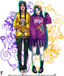  2girls artist_name bandaid bandaid_on_cheek bandaid_on_face belt black_choker black_pants choker company_connection ear_piercing earrings explosive full_body glasses green_belt green_footwear green_hair grenade hand_up highres holding holding_phone hood hoodie jewelry jinx_(league_of_legends) killjoy_(valorant) koiarts league_of_legends long_hair looking_at_viewer miniskirt multicolored_background multiple_girls nail_polish one_eye_closed orange_headwear pale_skin pants phone piercing pink_eyes pleated_skirt purple_background purple_hoodie purple_skirt red_lips round_eyewear skirt teeth valorant white_background wrench yellow_background yellow_hoodie yellow_nails 