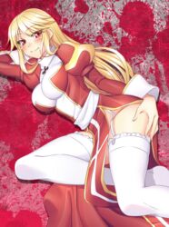  arm_behind_head blonde_hair blood blood_splatter blush breasts closed_mouth commentary_request cross dress eyes_visible_through_hair feet_out_of_frame female garter_straps hair_between_eyes hand_on_thigh head_rest high_priest_(ragnarok_online) highres ike_masato juliet_sleeves large_breasts long_hair long_sleeves looking_at_viewer lying margaretha_sorin no_panties no_shoes on_side puffy_sleeves ragnarok_online red_dress red_eyes sash smile solo thighhighs two-tone_dress white_dress white_sash white_thighhighs 