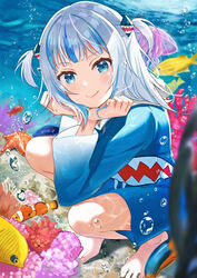  air_bubble bad_id bad_pixiv_id barefoot blue_eyes blue_hair blunt_bangs bubble clownfish coral female fish gawr_gura gawr_gura_(1st_costume) grey_hair hands_on_own_chin hatsuno_xxx highres hololive hololive_english hood hoodie jellyfish light_blush looking_at_viewer multicolored_hair ocean smile solo squatting starfish streaked_hair tail two_side_up underwater virtual_youtuber 