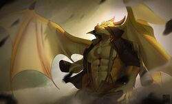  1boy abs absurdres bara bare_pectorals blurry blurry_background brown_pants brown_shirt cowboy_shot dilukha_(nyaalgebra) dragon_boy dragon_horns dragon_wings from_below furry furry_male highres horns large_pectorals looking_at_viewer looking_down male_focus monster_boy muscular muscular_male navel open_clothes open_fly open_pants open_shirt ophion_(housamo) pants pectorals sandstorm scales shirt short_hair solo spread_wings stomach suspenders tokyo_afterschool_summoners wings yellow_scales 