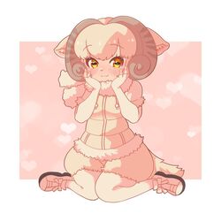  :3 animal_ears blush coat commentary drawstring elbow_gloves female fur_collar fur_trim gloves hands_on_own_cheeks hands_on_own_face horns kemono_friends looking_at_viewer majikaru_pokonyan pantyhose puffy_coat sheep_(kemono_friends) sheep_ears sheep_girl sheep_horns sheep_tail shoes short_hair shorts sitting sneakers solo tail wariza white_coat white_footwear white_fur white_gloves white_hair white_pantyhose white_shorts yellow_eyes 