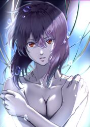  bad_id bad_pixiv_id breasts cable cleavage completely_nude covering_body cyborg female ghost_in_the_shell hair_between_eyes hands highres kaijin-m kusanagi_motoko looking_at_viewer nude parted_lips purple_hair red_eyes short_hair solo stasis_tank underwater upper_body 