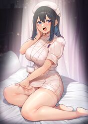  :d bed black_hair blue_eyes blurry blurry_background blush breasts collared_dress commentary curtains dress female hair_between_eyes hand_on_own_cheek hand_on_own_face hand_up hat highres id_card indoors karinto_yamada lanyard lap_pillow_invitation large_breasts light_particles long_hair looking_at_viewer no_shoes nurse nurse_cap on_bed open_mouth original pantyhose pen pen_in_pocket pillow pocket shadow short_dress short_sleeves sitting smile soles solo thighband_pantyhose white_dress white_hat white_pantyhose yokozuwari 