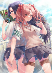  2girls absurdres armband ass ass_visible_through_thighs back-to-back bad_id bad_pixiv_id banana_oekaki between_fingers black_eyes black_hair black_skirt bow brown_eyes brown_hair brown_sweater_vest commentary day eyes_visible_through_hair folding_fan green_armband hairbow hand_fan highres holding holding_fan holding_needle holster kongou_mitsuko long_hair looking_at_viewer multiple_girls nail needle outdoors red_bow safety_pin school_uniform shirai_kuroko shirt short_sleeves skirt summer_uniform sweater_vest thigh_holster thigh_strap throwing_needles toaru_kagaku_no_railgun toaru_majutsu_no_index tokiwadai_school_uniform twintails vest wavy_hair white_shirt 