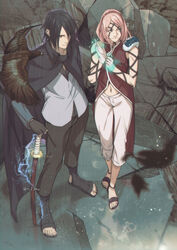  1boy absurdres adjusting_clothes adjusting_gloves animal animal_on_shoulder bad_id bad_twitter_id bird black_cape black_footwear black_gloves black_hair black_pants body_markings boruto:_naruto_next_generations cape chidori_(naruto) china_dress chinese_clothes closed_mouth creature crow destruction dress electricity electrokinesis facial_mark female forehead_mark full_body gloves glowing glowing_hand hand_on_hilt hands_up hawk highres holding holding_sword holding_weapon husband_and_wife katana katsuyu_(naruto) light_smile lightning long_sleeves magic medium_hair midriff_peek missing_limb naruto_(series) navel niku_(ni23ku) ninja on_shoulder pants pink_gloves pink_hair planted planted_sword sakura_haruno sandals sheath sheathed sleeveless slug standing sword toeless_footwear twitter_username uchiha_sasuke vest waistcoat watermark weapon white_pants 