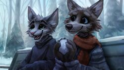  16:9 2020 anthro brown_body brown_fur canid canine clothed clothing detailed_background duo felid feline fur hi_res jacato mammal open_mouth outside pink_nose scarf sitting smile snow snowball topwear whiskers widescreen 