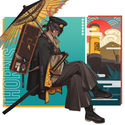  1boy arknights bishounen black_footwear black_gloves black_hair black_hakama black_hat black_jacket boots brown_kimono character_name copyright_name crossed_legs dark-skinned_male dark_skin doctor_(arknights) earrings english_commentary full_body glasses gloves hakama hakama_pants hat highres holding holding_umbrella jacket jacket_on_shoulders japanese_clothes jewelry katana kimono long_sleeves male_focus manjyufroth oil-paper_umbrella pants peaked_cap rhodes_island_logo_(arknights) round_eyewear sheath sheathed shoes short_hair short_ponytail sitting solo sticker sword taishou teapot thorns_(arknights) umbrella weapon wide_sleeves wooden_box yellow_eyes zipper 